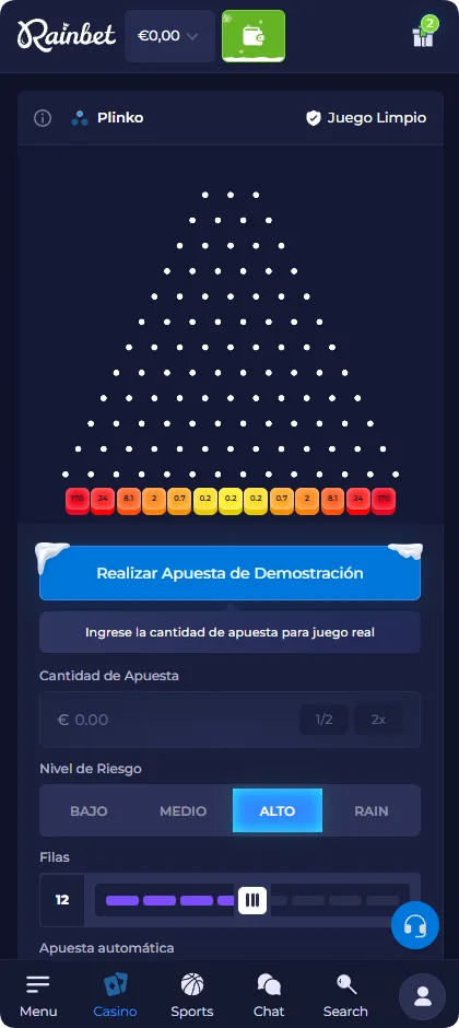 Juego Plinko con configuración de alto riesgo y multiplicadores de varianza más altos, de 0,2x a 170x
