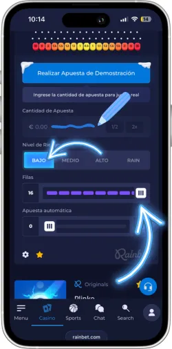 Panel de configuración de apuestas mostrando selector de importe, opciones de nivel de riesgo y ajuste de número de filas