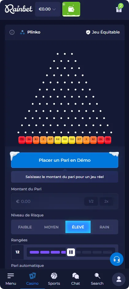 Jeu de Plinko avec un niveau de risque élevé et des multiplicateurs de variance plus importants, de 0,2x à 170x.