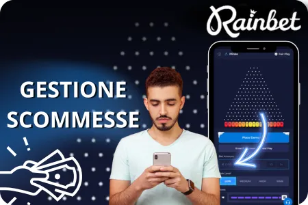 Impostazioni di scommessa con importo della puntata e opzioni di rischio in Plinko Rainbet