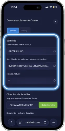 Visualización de semilla hash criptográfica mostrando verificación de resultado predeterminado
