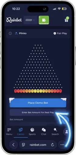 Plinko ball releasing from top centre position after clicking bet button