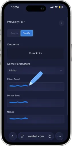 Provably fair checker showing hash verification for confirming legitimate outcome