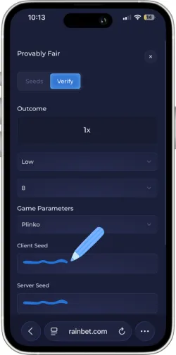 Verificatore provably fair che mostra la verifica dell'hash per confermare il risultato legittimo