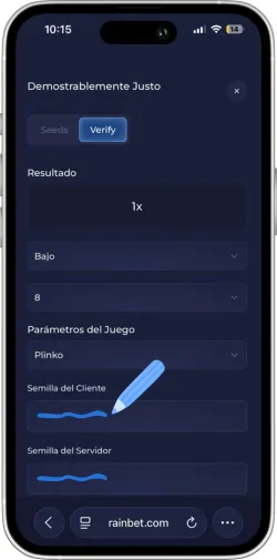Verificador demostrablemente justo mostrando verificación de hash para confirmar resultado legítimo