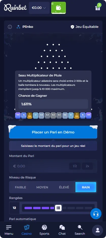 L'interface du mode pluie de Plinko affiche un multiplicateur aléatoire compris entre 2 et 100x avec une probabilité de gain de 1,611 %.