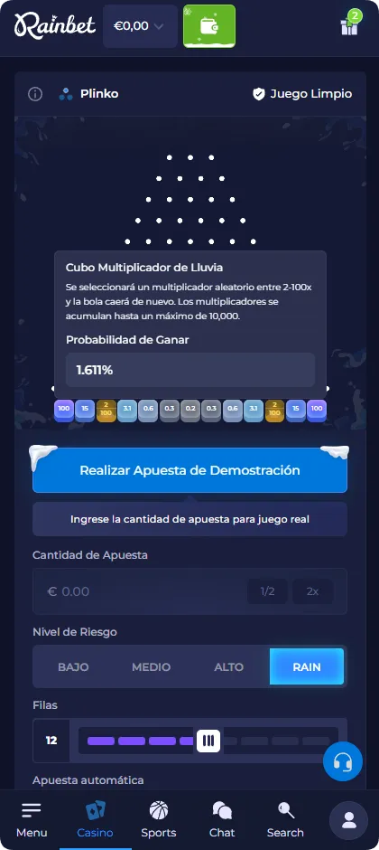 Interfaz del modo lluvia de Plinko que muestra un multiplicador aleatorio entre 2 y 100x con un 1,611 % de probabilidad de ganar