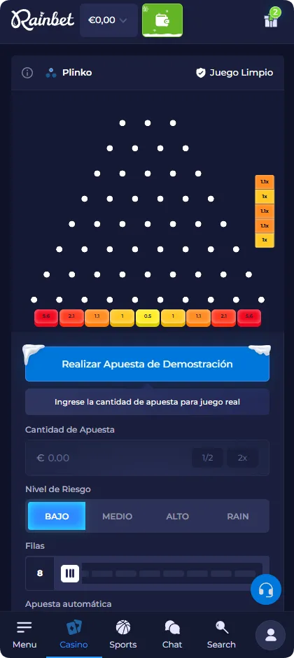 Multiplicadores de bajo riesgo recibidos en el juego Plinko Rainbet