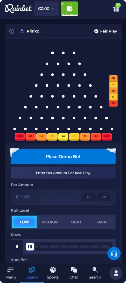 Laagrisico-multipliers ontvangen in het spel Plinko Rainbet