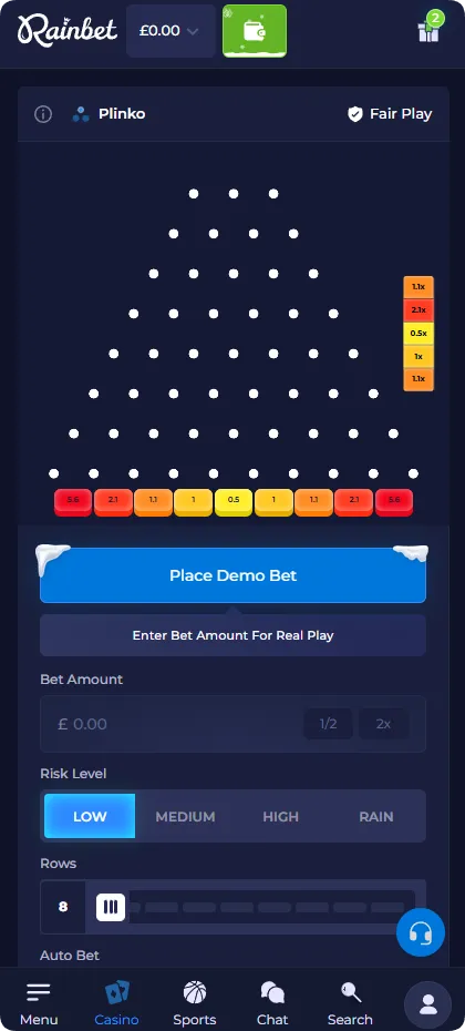Low-risk multipliers received in the game Plinko Rainbet