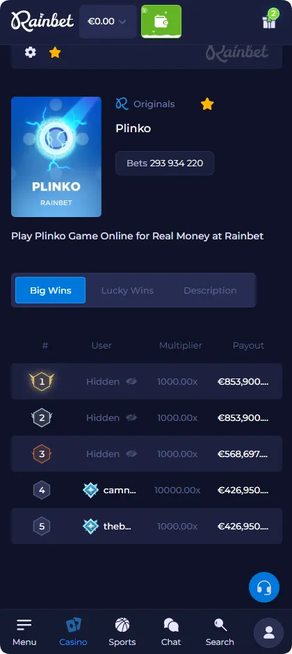 Grote winsten bij Plinko, met topuitbetalingen en vermenigvuldigers tot wel 10.000x