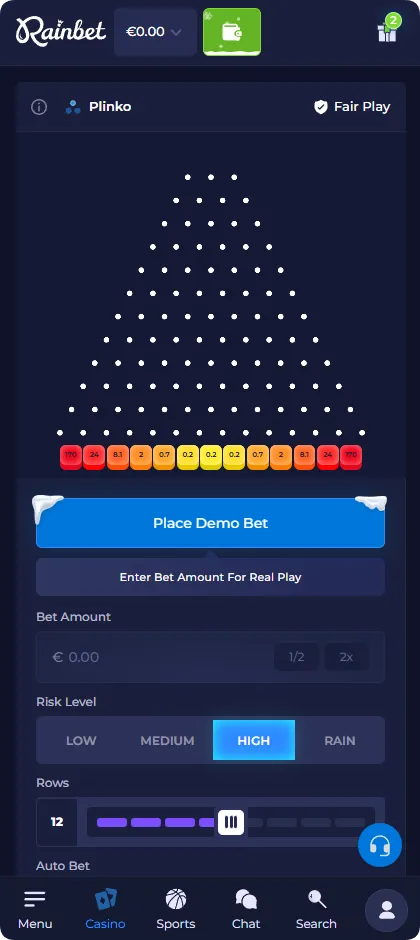 Plinko-spel met een hoge risico-instelling en hogere variantiemultiplicatoren van 0,2x tot 170x.