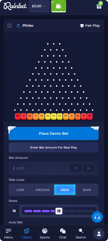 Plinko game with high risk setting and higher variance multipliers from 0.2x to 170x
