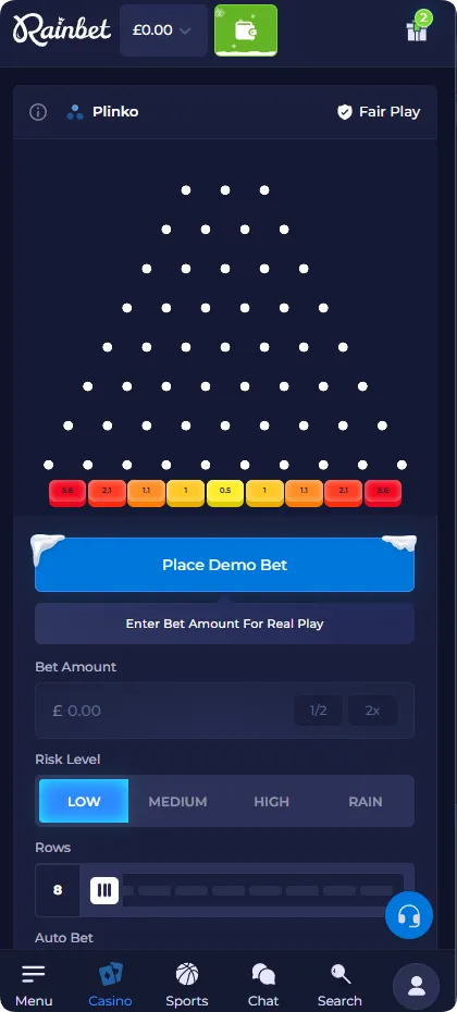 Plinko game interface with low risk level showing multiplier slots ranging from 0.5x to 5.6x
