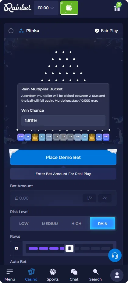 Plinko rain mode interface showing random multiplier bucket between 2-100x with 1.611% win chance