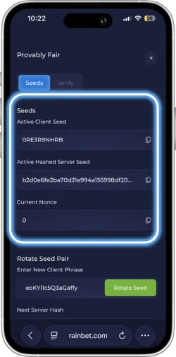Cryptographic hash seed display showing predetermined outcome verification