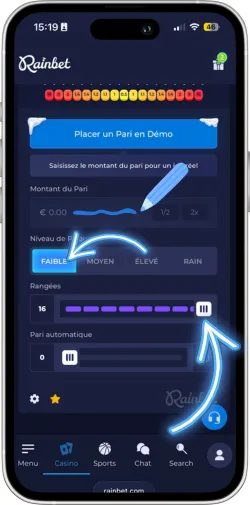 Panneau de paramètres avec mise et options de risque