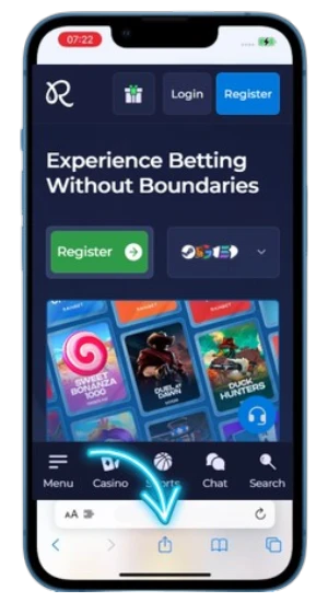 Le site mobile Rainbet chargé dans Safari, avec une flèche bleue pointant vers l'icône Partager en bas de l'écran.
