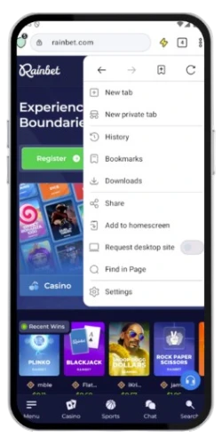Un menu delle impostazioni del browser aperto su Android che mostra varie opzioni di navigazione come cronologia e download per il download di Rainbet.