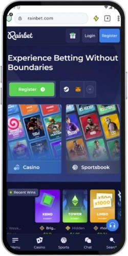 La pagina iniziale mobile visualizzata su un dispositivo Android che mostra le categorie di casinò e scommesse sportive, dimostrando come scaricare Rainbet.
