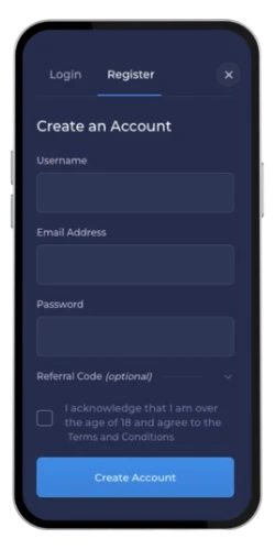 Il modulo di registrazione "Crea un account" sulla piattaforma mobile di Rainbet.
