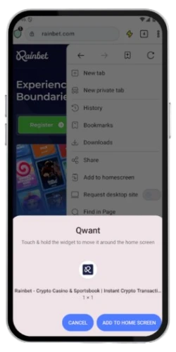 Le menu du navigateur Android Rainbet avec l'option « Ajouter à l'écran d'accueil » visible dans la liste.