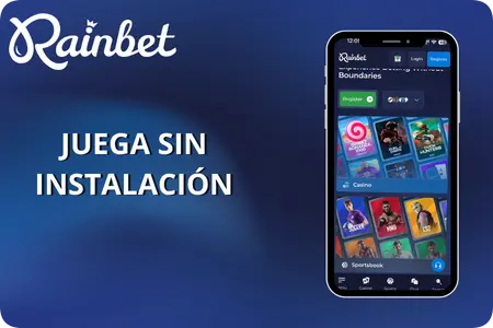 Interfaz móvil Rainbet de alta calidad con el lobby del casino en smartphone