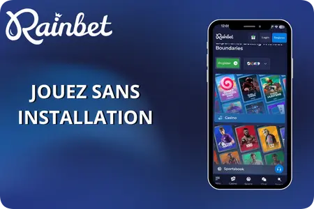Interface mobile Rainbet avec lobby casino sur smartphone